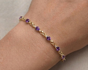10K Yellow Gold Amethyst Bracelet with Diamonds, February Birthstone, Handmade Gold Jewelry