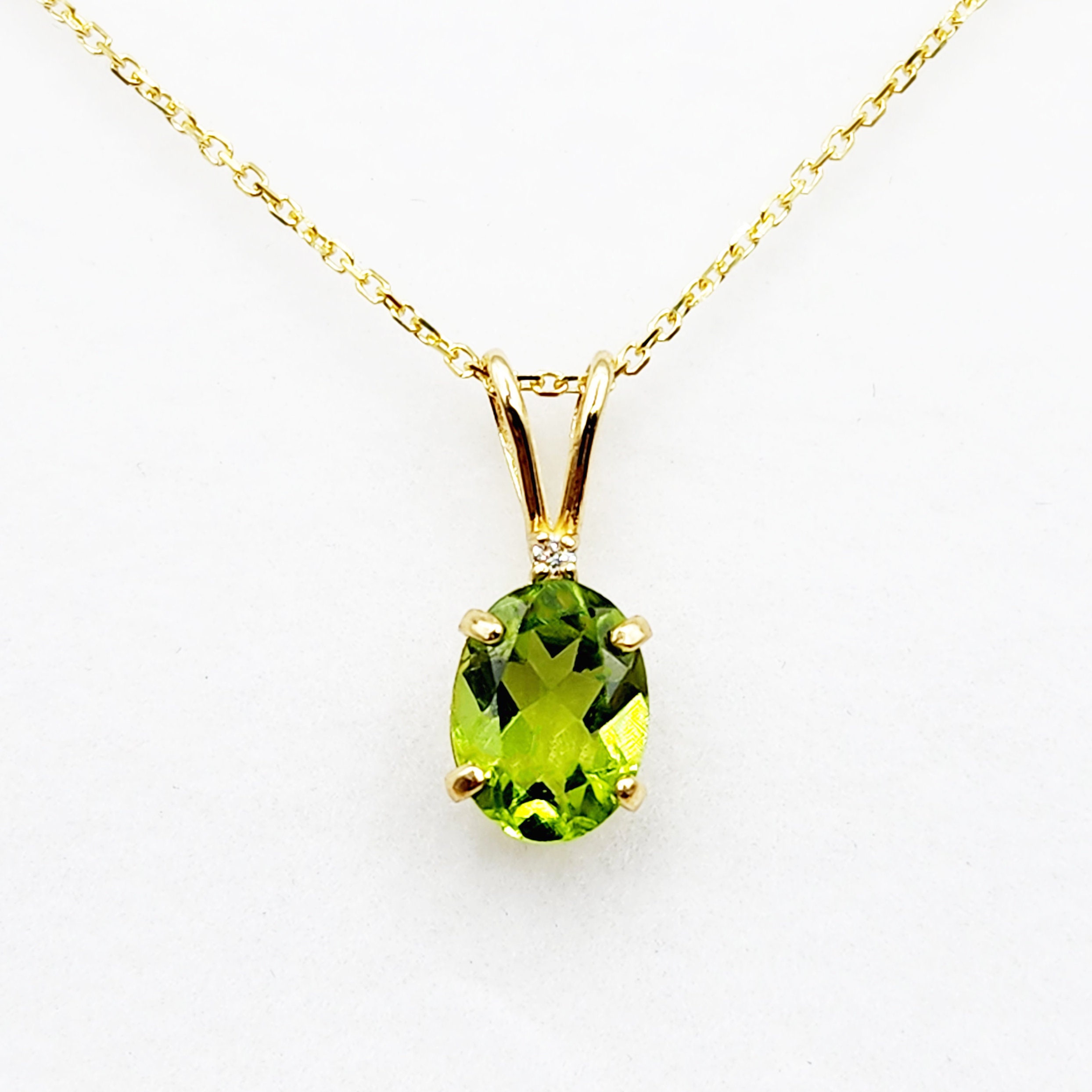 Gold Peridot Pendant Necklace, 10K Yellow Gold Peridot 8x6mm with Diamond Pendant, Birthstone Necklace For Women, Gift For Her