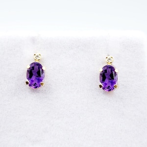 14k Gold Amethyst Stud Earrings | 14K Gold Genuine Amethyst 6x4mm with Natural Diamond Stud Earrings, February Birthstone Jewelry