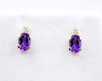 Brincos de ametista em ouro 14K | Pedra do mês de fevereiro | 6 x 4 mm