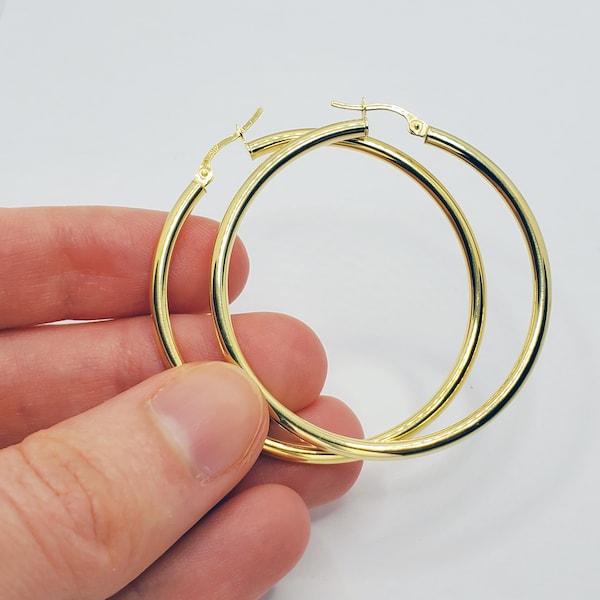 Gouden hoepel damesoorbellen, modieuze glanzende sieraden hoepel oorbellen 40 mm voor haar, handgemaakte 10K geel gouden cirkel oorbellen eenvoudige hoepels