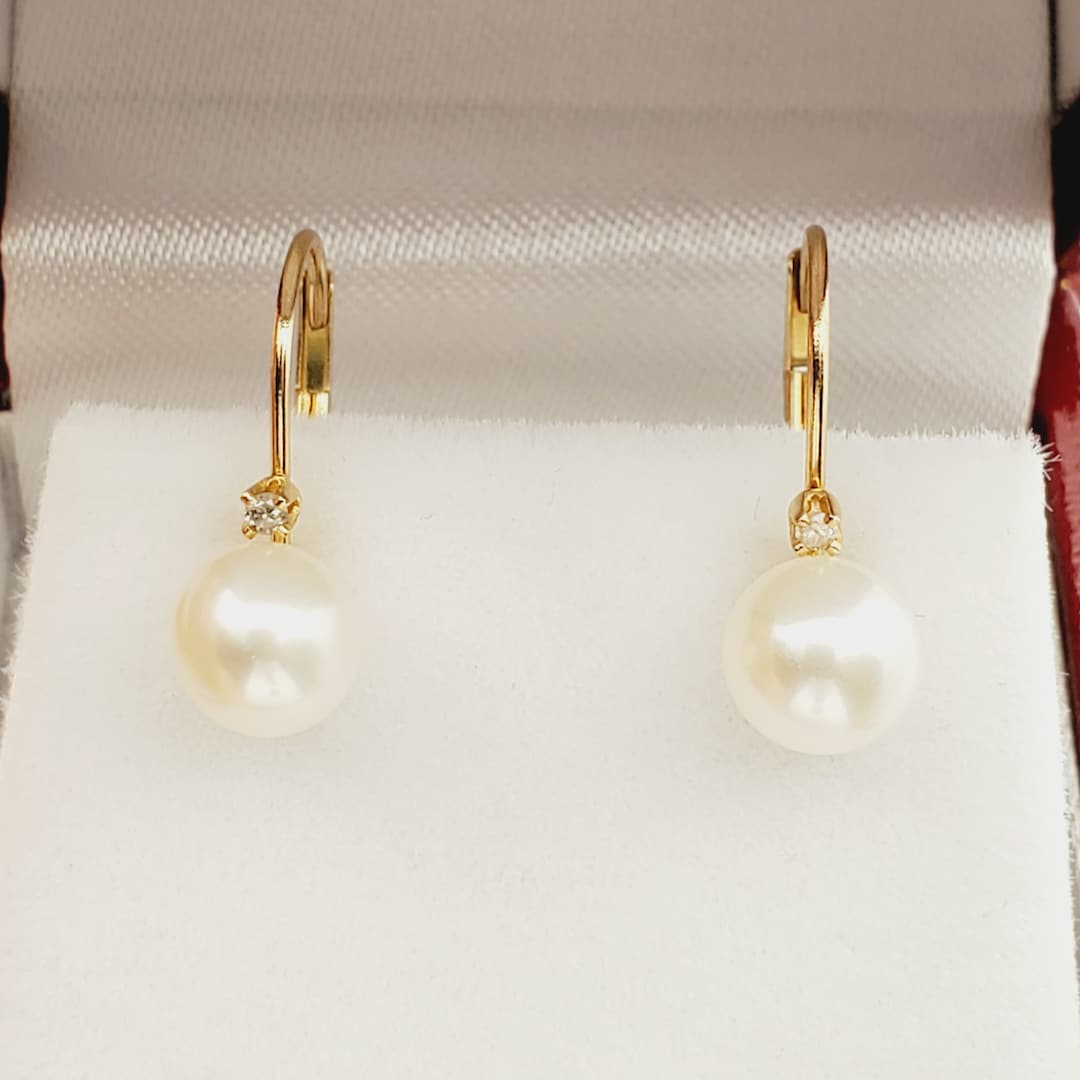 Gold Pearl Earrings, 14K Yellow Gold Cultured Pearl 6mm With Diamond ...
