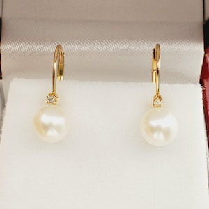 Gold Pearl Earrings, 14K Yellow Gold Cultured Pearl 6mm With Diamond Earrings, June Birthstone, Memorial jewelry