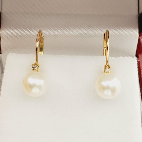 Gold Pearl Earrings, 14K Yellow Gold Cultured Pearl 6mm With Diamond Earrings, June Birthstone, Memorial jewelry