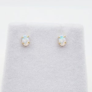 Gold Opal Stud Earrings, 10K Yellow Gold Genuine Opal 5x3mm Stud Earrings, October Birthstone, Opal Earrings,  Handmade Earrings
