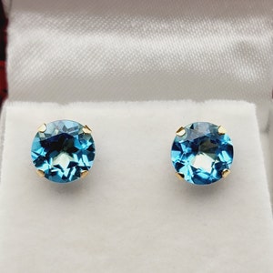 Gold Blue Topaz Earrings, 10K Yellow Gold Round Genuine Blue Topaz 8mm Stud Earrings, December Birthstone