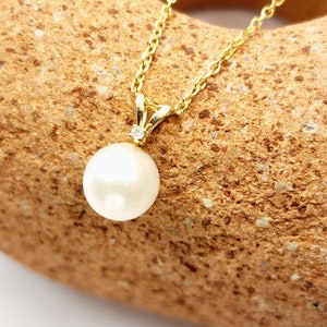 14K Gold Pearl Pendant Necklace, June Birthstone Cultured Pearl 7mm and Diamond Pendant, Dainty Minimalist Classic Necklace Gift for Her