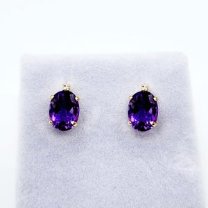 Gold Amethyst Stud Earrings, Yellow Gold Genuine Amethyst 8x6mm with Diamonds Earrings, February Birthstone, Purple Jewelry, Dainty Earrings