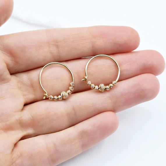 18K Yellow Rose Gold Hoop Earrings, Dainty Beaded Hoops, 18mm