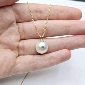 Gold Natural Pearl and Diamond Pendant Necklace, 14K Yellow Gold Pendant set with 12mm Mabe Pearl and Genuine Diamond Pendant