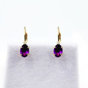 14K Yellow Gold Leverback Amethyst Earrings, Gold Earrings with Genuine Gemstone 6x4mm and Diamonds, February Birthstone Gift for Her