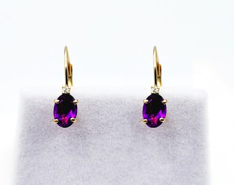 14K Yellow Gold Leverback Amethyst Earrings, Gold Earrings with Genuine Gemstone 6x4mm and Diamonds, February Birthstone Gift for Her