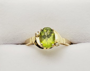 10K Yellow Gold Peridot Ring | Diamond Accent, August Birthstone 8x6mm