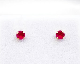 14K Yellow Gold Ruby Stud Earrings, Handmade July Birthstone 4x4mm