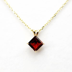 Gold Garnet Pendant Necklace , 10K Yellow Gold Genuine Square Garnet 6x6mm Pendant, January Birthstone, Red Gemstone Garnet Jewelry Gift