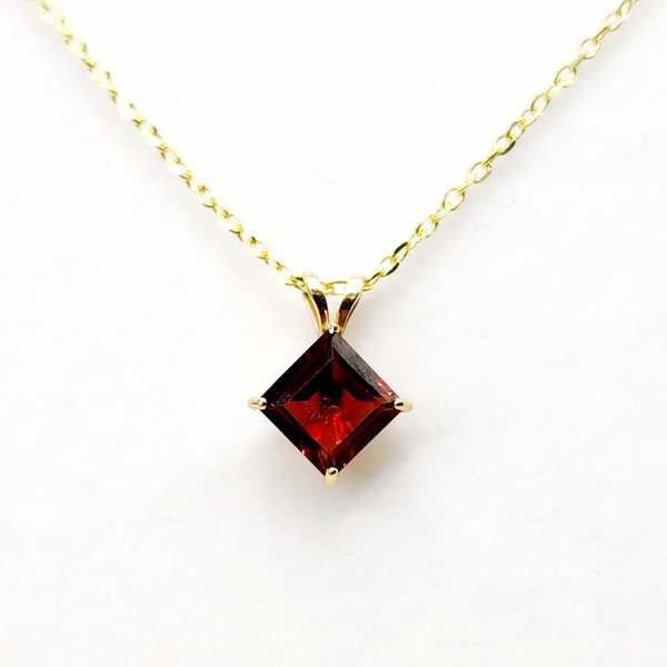 Gold Garnet Pendant Necklace , 10K Yellow Gold Genuine Square Garnet (1.33ct) Pendant, January Birthstone, Red Gemstone Garnet Jewelry Gift