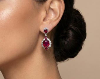 Orecchini pendenti in argento sterling con rubino, clip Omega, finitura rodiata, eleganti orecchini pendenti