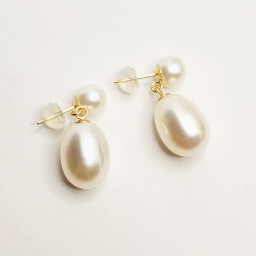 Gold Freshwater Pearl Drop Stud Earrings, 14K Yellow Gold Genuine Pearl Earrings, June Birthstone, Handmade Earrings, Earrings shops For Wedding