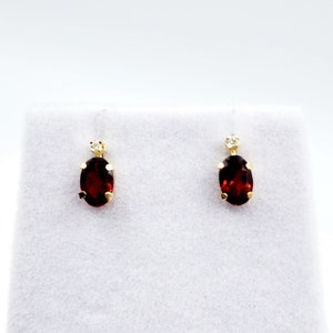 14K Gold Garnet Stud Earrings | 14K Yellow Gold Genuine Garnet with Diamond Stud Earrings, January Birthstone Jewelry, Gift For Women