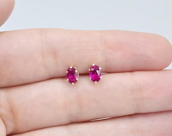 Handmade 14K Yellow Gold Ruby Stud Earrings, July Birthstone 6x4mm