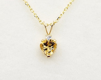 10K Gold Citrine Heart Pendant Necklace, November Birthstone 6x6mm