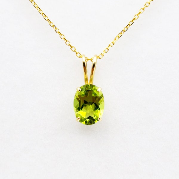 Gold Peridot Pendant Necklace, 10K Yellow Gold Peridot 8x6mm Pendant, Birthstone Necklace For Women, Gift For Her