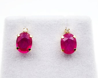 10K Yellow Gold Oval Ruby Stud Earrings with Diamond, 8x6mm Stone , Special Occasion Gift