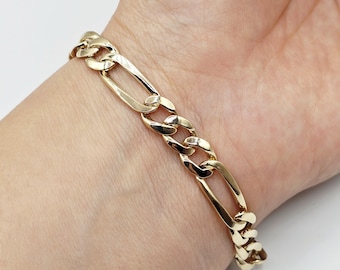 Classic Gold Chain, 10K Solid Gold Figaro Bracelet, 7mm, 8.5 inches