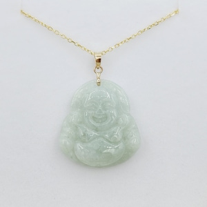 Gold Genuine Green Jade Buddha Pendant Necklace, 14K Yellow Gold Men&#39;s Laughing Buddha Green Jade Pendant, Jade Hand Crafted Necklace