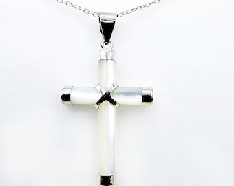 Sterling Silver Mother of Pearl Cross Pendant Necklace