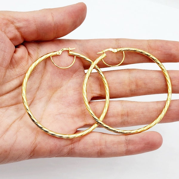 Gold Hoop Earrings, 10K Yellow Gold Hoop Earrings, 50mm, Big Hoop Earrings for Women