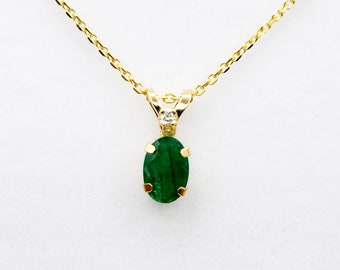 Gold Emerald Pendant Necklace, 14K Yellow Gold Genuine Emerald 6x4mm with Diamond Pendant, May Birthstone, Green Gemstone Jewelry, Gift Idea