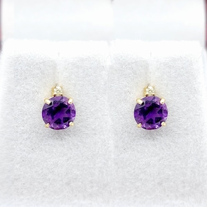 Amethyst Earrings | 10K Yellow Gold Amethyst with Diamond Stud Earrings