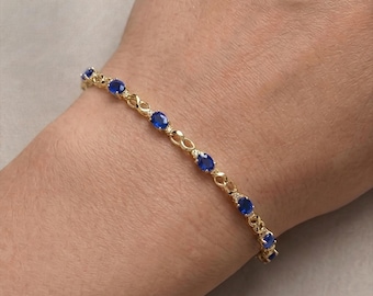 10K Yellow Gold Sapphire Bracelet, Dainty Diamond Accent, 7.5 Inch, Luxury Jewelry Gift