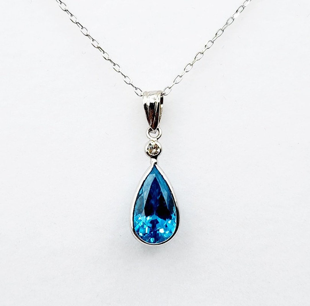 14K Gold Blue Zircon Pendant Necklace 14K White Gold Blue Etsy