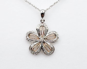 Sterling Silver Diamond Flower Necklace | 925 Silver Natural Diamond Flower Pendant with Chain, Floral Diamond Necklace, Gift For Women