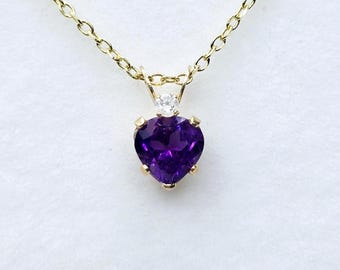 10K Gold Amethyst Heart Pendant Necklace, Diamond Accent, 6x6mm Genuine Stone Pendant for Her