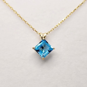 Gold Blue Topaz Pendant Necklace , 10K Yellow Gold Genuine square Blue Topaz 6x6mm Pendant, Handmade Pendant, Pendant For Women