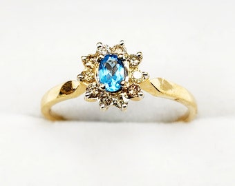 10K Yellow Gold Blue Topaz Diamond Ring, December Birthstone