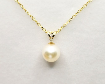14K gouden parelketting, juni geboortesteen gekweekte parel 6 mm en diamanten hanger, sierlijke minimalistische klassieke ketting cadeau voor haar