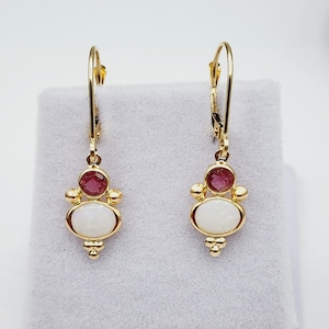 14K Yellow Gold Opal and Tourmaline Drop Earrings, Dainty Drop Dangle Natural Gemstone Earrings, Gift Drop Dangle Earrings for Women