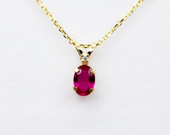 14K Gold Ruby Pendant Necklace, Genuine Diamond Accent, July Birthstone, 6x4mm Ruby Charm