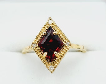 14K Yellow Gold Garnet Ring, Diamond Accent, January Birthstone