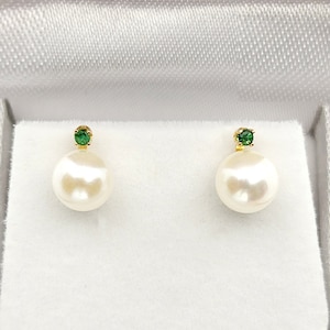 Pearl Emerald Earrings | 14K Yellow Gold Genuine Pearl 6mm with Natural Emerald Stud Earrings