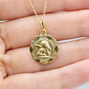 10K Gold Guardian Angel design Charm Pendant, Birthday Gift, Valentines Gift, Gold Coin Necklace, Memorial Gifts, Round Medal Pendant