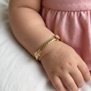 10K Solid Gold Baby Bangle, Hearts, Flowers, Cross Charms, Adjustable