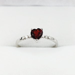 Gold Garnet Ring,  10K White Gold Heart Shape Garnet 5x5mm With Diamonds Ring, Handmade Ring, Statement Ring, Valentine Day Gifts for Love
