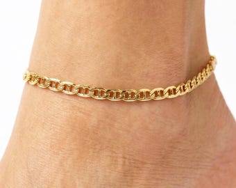 Tobillera marinera de oro amarillo de 10k, delicada cadena náutica