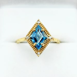 Gold Blue Topaz Ring, 14K Yellow Gold Blue Topaz 1.5ct with Diamond 0.04ct Ring, December Birthstone Ring For Women