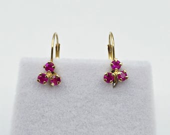 14K Yellow Gold Ruby Earrings , Dangle Lever back Gemstone Earrings